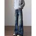 Men's American Retro Blue Washed Denim Jeans Straight Leg High Street Style Mid Waist Long Cotton Non-Stretch_mkmklike.com