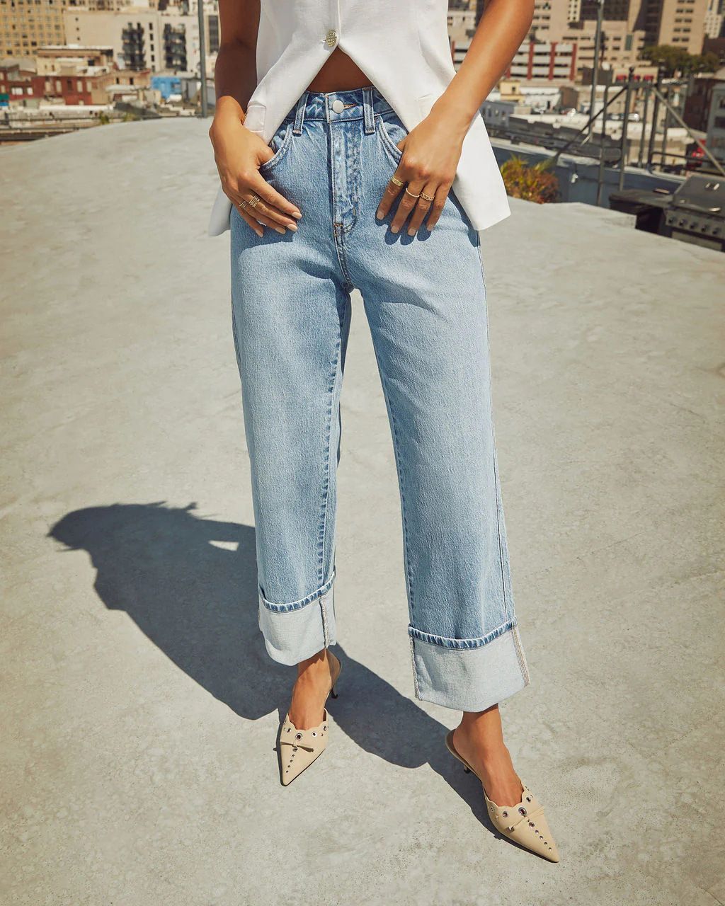 Women's Stretch Washed Denim Jeans - Mid-Rise Straight Leg Cropped Jeans With Rolled Hem, Comfortable & Stylish For Casual Wear_mkmklike.com