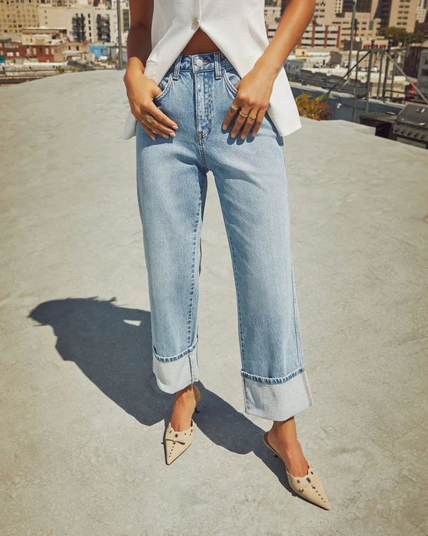 Women's Stretch Washed Denim Jeans - Mid-Rise Straight Leg Cropped Jeans With Rolled Hem, Comfortable & Stylish For Casual Wear_mkmklike.com