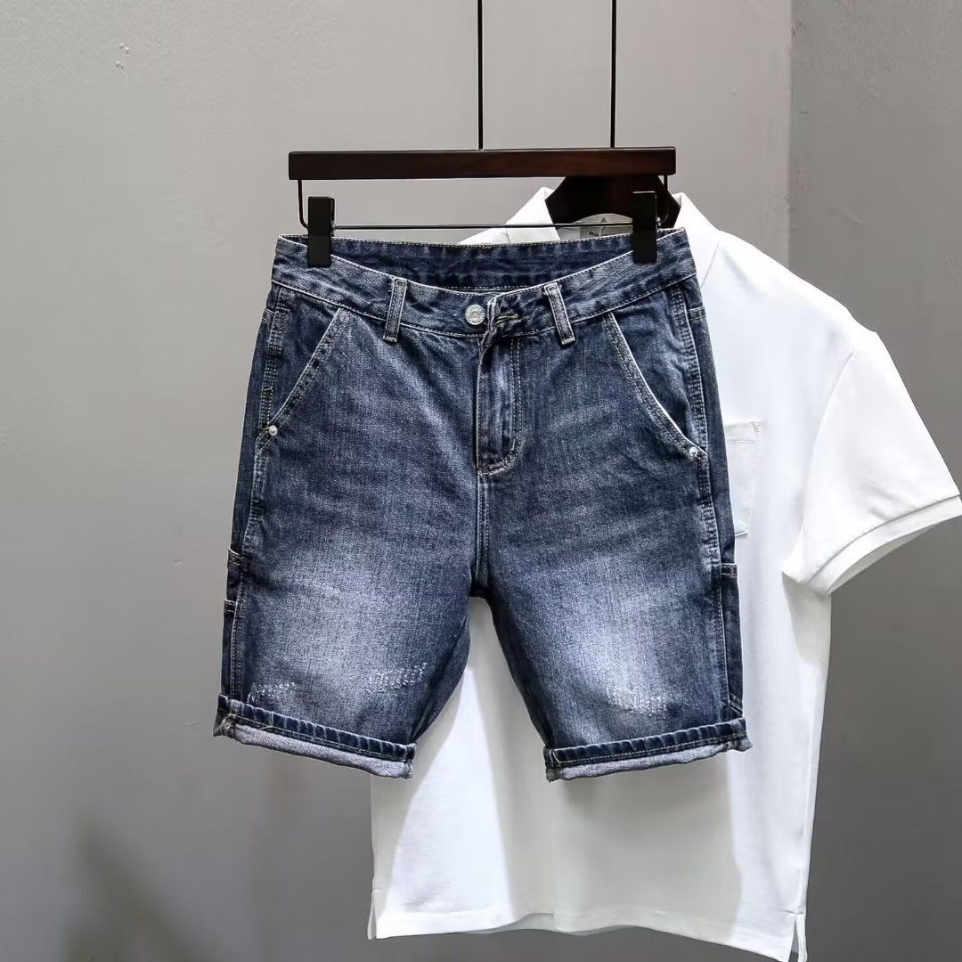 Large Size Blue Denim Shorts, Haren Straight Leg Loose Fit Five Quarter Pants, Heavy-duty Washed And Worn Horse Pants_mkmklike.com