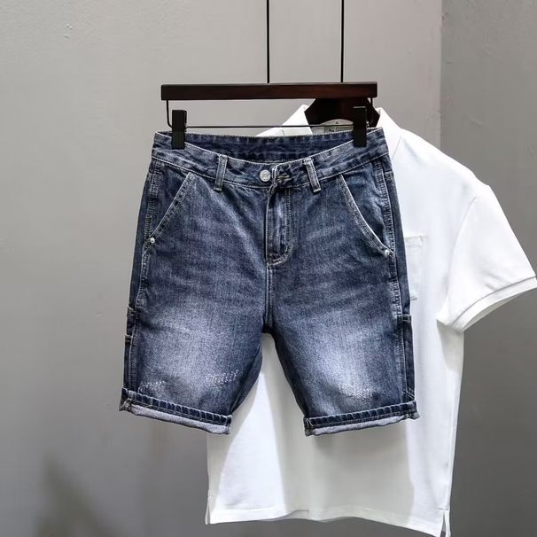 Large Size Blue Denim Shorts, Haren Straight Leg Loose Fit Five Quarter Pants, Heavy-duty Washed And Worn Horse Pants_mkmklike.com