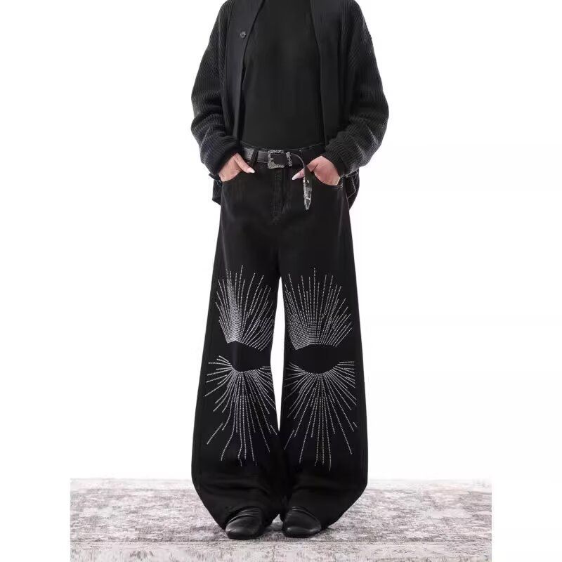 Men's Oversized Distressed Denim Jeans Gothic Streetwear Pants with Thorn Embroidery Flared Hem Dark Aesthetic for Urban Edge_mkmklike.com