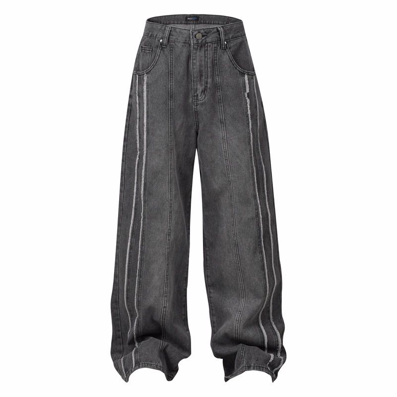 Men's Clothing Fashion Brand Tailoring Raw Edge Bar Design Washed Old Holes Worn White Wide Leg High Street Trend Men's Jeans_mkmklike.com