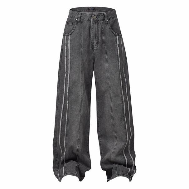 Men's Clothing Fashion Brand Tailoring Raw Edge Bar Design Washed Old Holes Worn White Wide Leg High Street Trend Men's Jeans_mkmklike.com
