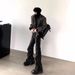 Qiushanfeng Men's High Street Vibe Pleated Bell Bottoms Heavy Washed Black And Gray Jeans Niche Design_mkmklike.com