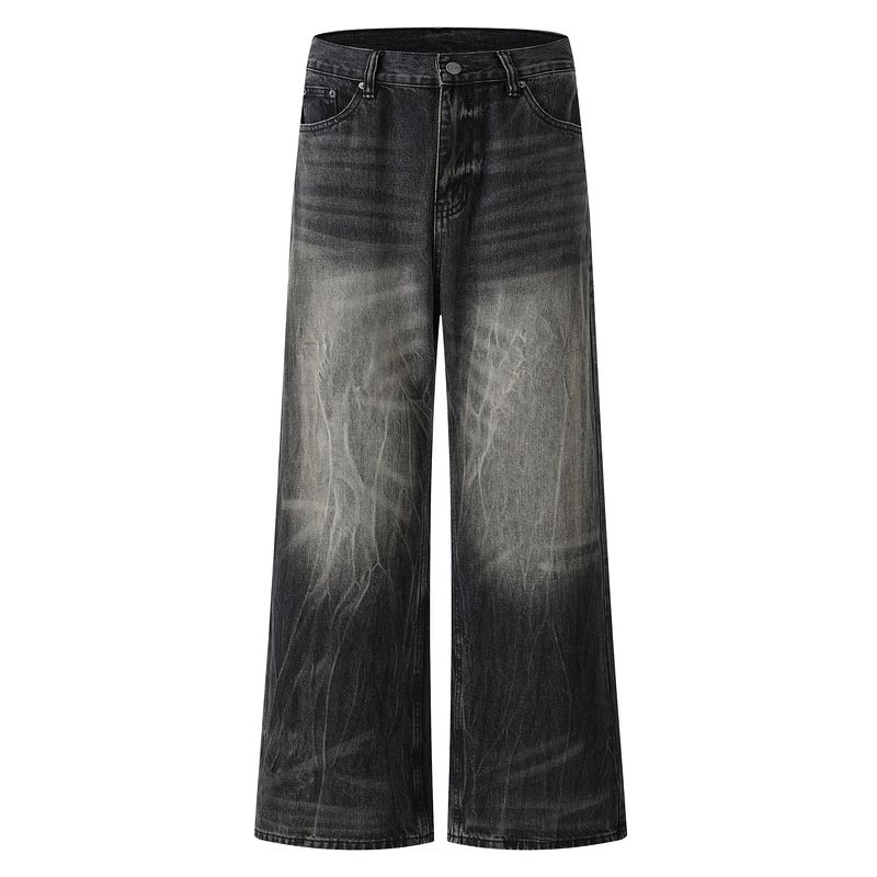 Men's Clothing American Trendy Retro Washed Old Lightning Pattern Loose Vertical Flared Jeans For Men_mkmklike.com