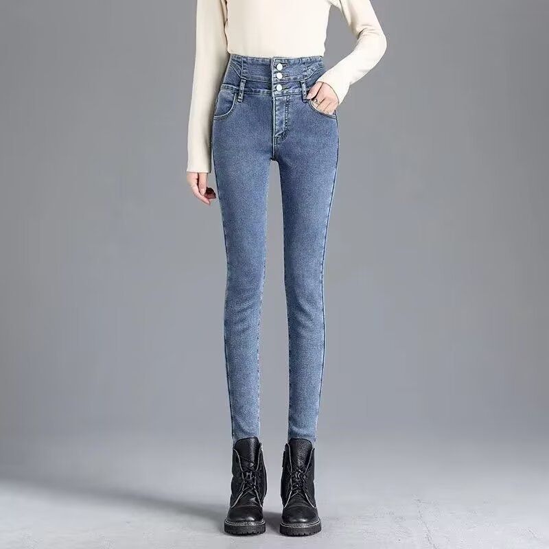 Fashionable Fleece-lined Jeans, New Autumn And Winter Slim-fit Pants, High-waisted With Button Design, Versatile_mkmklike.com