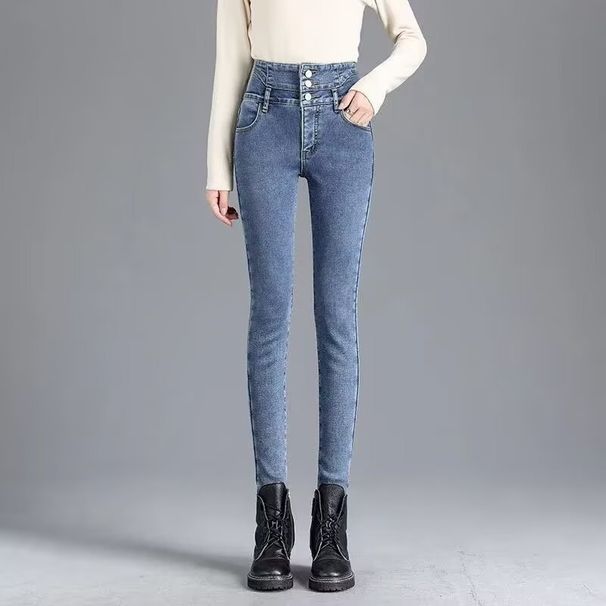 Fashionable Fleece-lined Jeans, New Autumn And Winter Slim-fit Pants, High-waisted With Button Design, Versatile_mkmklike.com