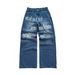 Retro Washed Distressed Straight Leg Jeans For Men And Women Casual Street Style Autumn Winter Printed Denim_mkmklike.com