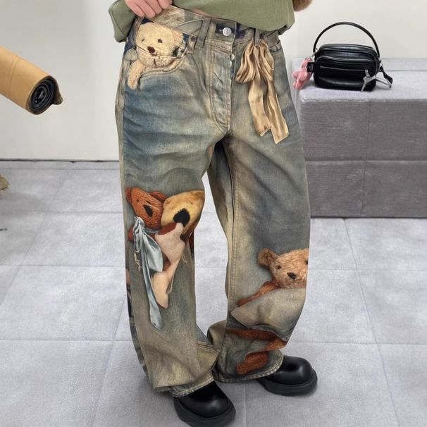 Teddy Bear Print Loose Low-Waist Wide-Leg Jeans, Unisex_mkmklike.com