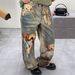 Teddy Bear Print Loose Low-Waist Wide-Leg Jeans, Unisex_mkmklike.com