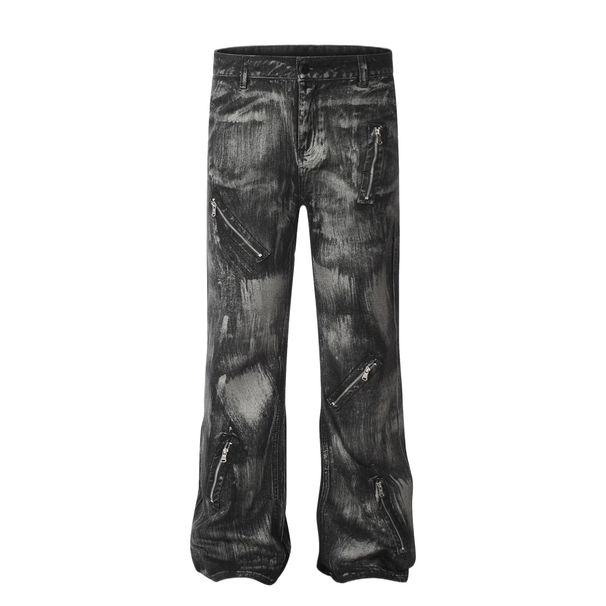 Men's Clothing High Street Washed Zipper Retro Jeans Spring And Summer Design Flared Paint Tie Dye Pants_mkmklike.com