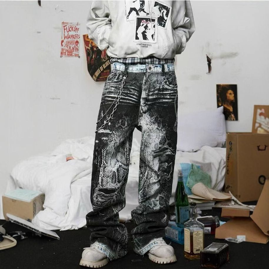 Men's Clothing High Street Retro Snake Pattern Digital Print Jeans Loose Flared Pants_mkmklike.com