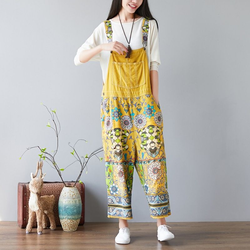 Trendy Girl Closet European And American Foreign Trade Plus Size Women's Clothing Slimming Printed Denim Wide-Leg Overalls Wandering_mkmklike.com
