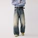 Men's High Street Distressed Jeans - Heavyweight Washed Denim Pants With 3d Cat Whisker Design, Straight Leg Fit_mkmklike.com