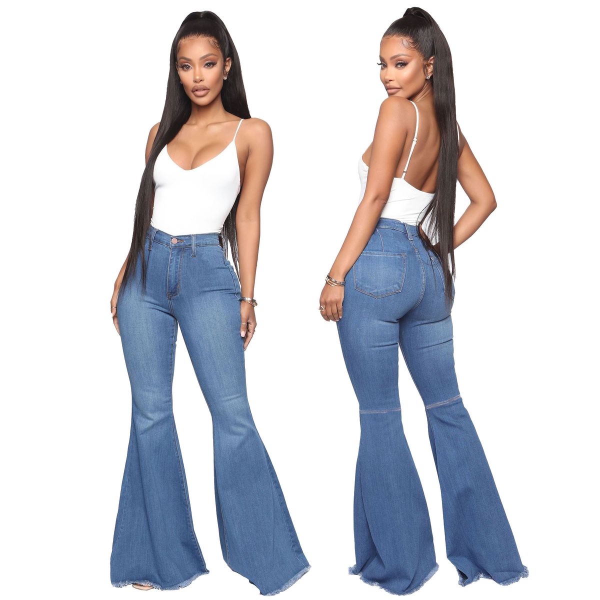 Women's High-Waisted Flared Jeans - Stretch Denim Bootcut Pants In 10 Colors (White/Black/Navy/Blue/Mocha/Brown/Pink/Burgundy/Purple)_mkmklike.com