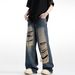 Men's Vintage Distressed Jeans - 90s Retro Washed Denim With Ripped Details, Oversized Straight Leg & High Street Drop Cuff For Summer_mkmklike.com