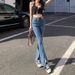 Women's Retro High-Waisted Stretch Slim Fit Flared Jeans Korean Style Straight Leg with Slit And Flowing Drape_mkmklike.com