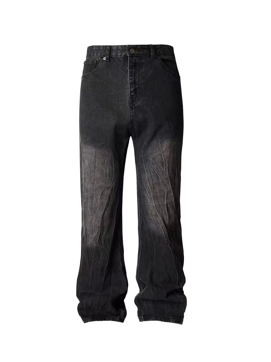 Vintage High-Street Flared Jeans – Black & Gray Lightning Wash, Distressed Cleanfit Denim For Men_mkmklike.com