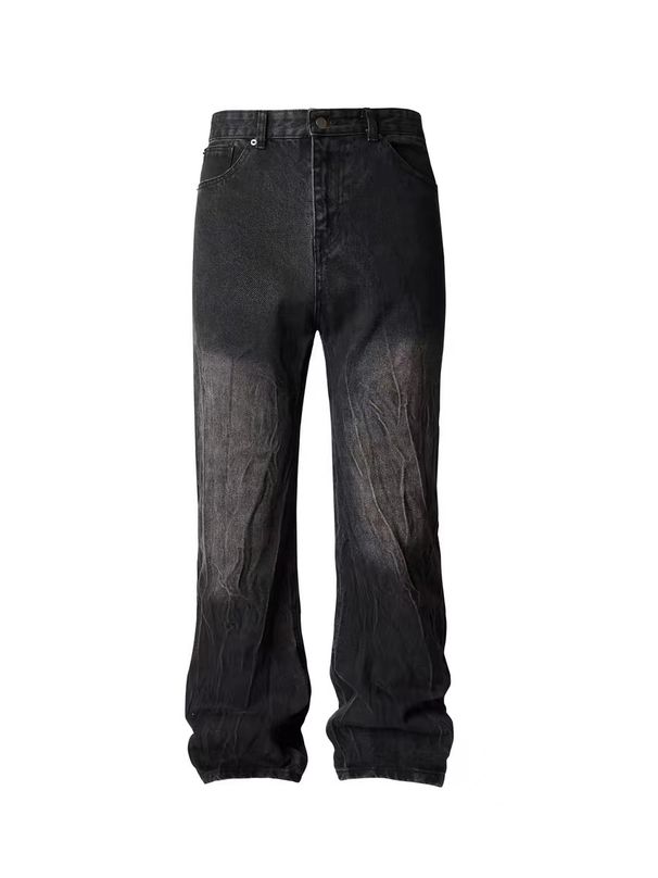 Vintage High-Street Flared Jeans – Black & Gray Lightning Wash, Distressed Cleanfit Denim For Men_mkmklike.com