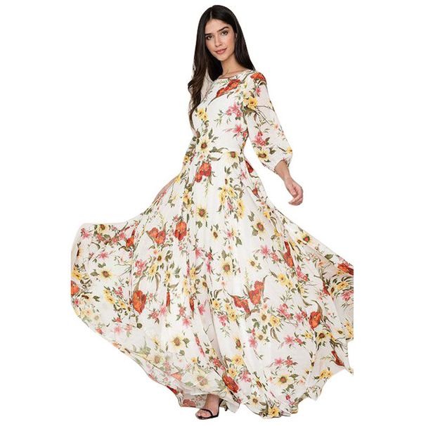 Women's new Bohemian printed chiffon dress with round neck, sleeves and big waist dress_mkmklike.com
