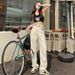Spring Summer New Loose Jacquard Jeans, Straight Casual Women's High-waisted Floor-length Pants, Spring And Autumn_mkmklike.com