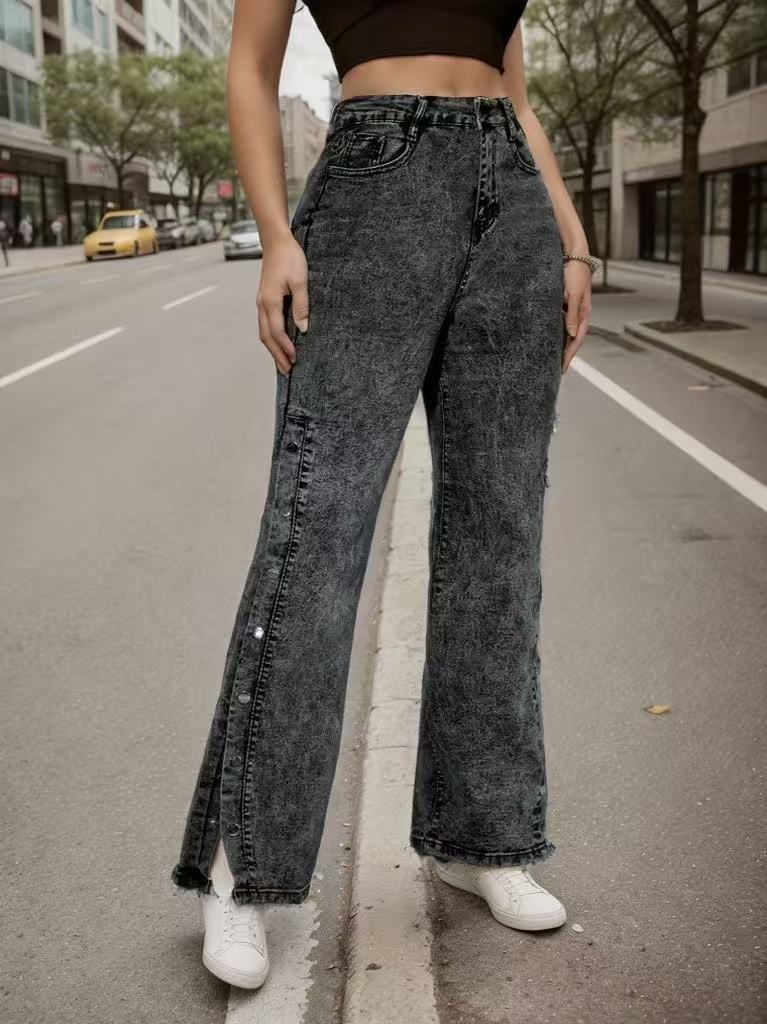 Women's Clothing High-Waisted Flared Jeans – Retro Stretch Denim With Button Detail (S-XXL)_mkmklike.com