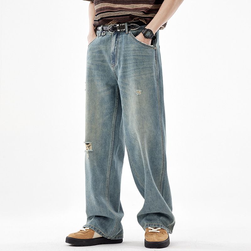 LKTM Men's Wear # American Straight Tube Piercing Jeans For Men New Trendy Brand High Grade Loose Casual Pants A92_mkmklike.com
