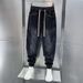 Men's Slim Fit Black Washed Denim Pants - Streetwear Style Tapered Joggers With Multi-Pockets For Casual Outfits_mkmklike.com