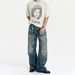 Vintage Washed Distressed Denim Jeans For Men - Straight Loose Fit With Patchwork & Cat Whiskers Design_mkmklike.com