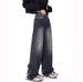 American Retro Blue-gray High-waisted Loose Denim Pants For Women, Spring Autumn Washed And Distressed Straight Casual_mkmklike.com