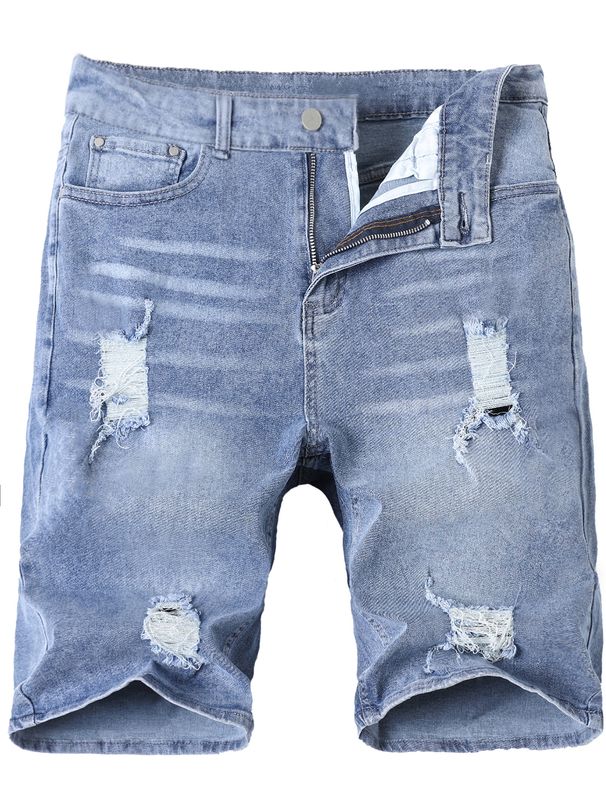 Men's Denim Shorts, Stretchy And Fashionable, Light Blue Mid Length, Simple And Versatile, Wear And Tear Shorts, Suitable For All Seasons_mkmklike.com