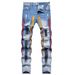 Men's Slim Fit Light Blue Distressed Jeans – Premium Washed Denim With Handmade Paint Splatter & Knee Rips For Streetwear Look_mkmklike.com