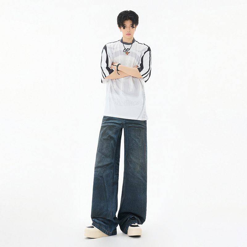 Men's High Street Distressed Washed Blue Jeans - Loose Fit Casual Wide Leg Straight Trousers With Cat Whiskers_mkmklike.com