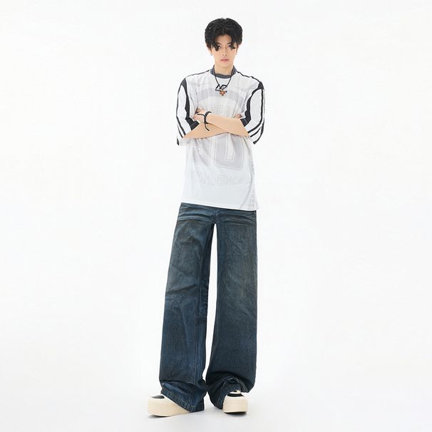 Men's High Street Distressed Washed Blue Jeans - Loose Fit Casual Wide Leg Straight Trousers With Cat Whiskers_mkmklike.com