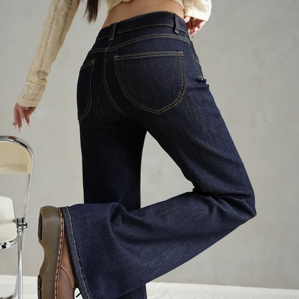 Women's Dark Blue Colorfast Low Rise Flared Jeans Autumn/Winter Style Regular Fit English Fashion Solid Polyester Denim_mkmklike.com