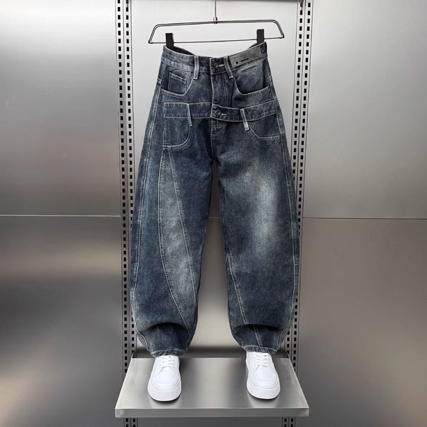 Men's Light Blue Washed Denim Jeans - Loose Fit Casual Streetwear Harem Pants For Spring & Summer Relaxed Fit Design_mkmklike.com