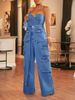 "High-Waisted Wide-Leg Work Pants – Stretch Cotton Denim For Office & Casual (Blue, S-XL)"_mkmklike.com