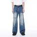 Unisex High-Waisted Raw Hem Jeans – Distressed Straight Leg Denim Pants With Irregular Fraying, Vintage Inspired (Blue)_mkmklike.com