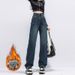 Women's Clothing High-Waisted Fleece Lined Denim Jeans Blue Grey Thick Warm Wide Leg Long Pants With Pockets Straight Leg Floor Length_mkmklike.com