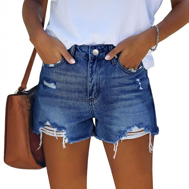 Women's Distressed Denim Shorts - High Waist Ripped Patchwork Jeans Shorts For Women, Stretch Comfort Fit, Casual Streetwear (Blue/Black/Gray)_mkmklike.com