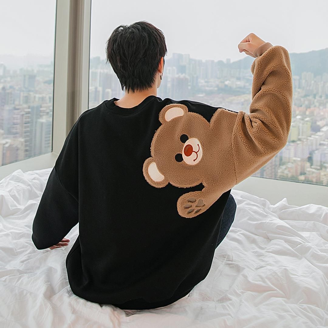 Men's Clothing Factory direct sales men's autumn and winter long sleeved lamb wool embroidery flocking cute little bear loose lazy style sweater men_mkmklike.com