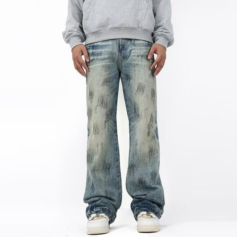 Men's Clothing Women's Summer Trendy Couple Washed Jeans Men's Dirty Dye Loose Straight Pants_mkmklike.com