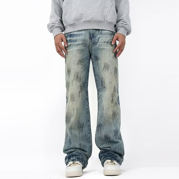 Men's Clothing Women's Summer Trendy Couple Washed Jeans Men's Dirty Dye Loose Straight Pants_mkmklike.com