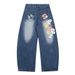 Cartoon Letter Color-Block Print Scimitar Jeans Men's Loose Fit Versatile Washed Wide-Leg Floor-Length Long Pants_mkmklike.com