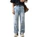 Vintage Wash Men's Relaxed Fit Straight Leg Jeans - Light Blue Distressed Cotton Trousers For Urban Style (S-3XL)_mkmklike.com