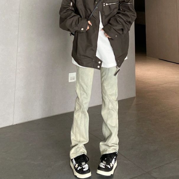 Men's Slim Fit Straight Leg Jeans Washed Yellow Mud Dyed High Street Trendy Brand American Retro Vibe Slightly Flared Pants_mkmklike.com