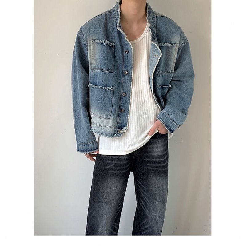 Retro Washed Denim Jacket For Men, Autumn Gradient Stand Up Collar Jacket For Men_mkmklike.com