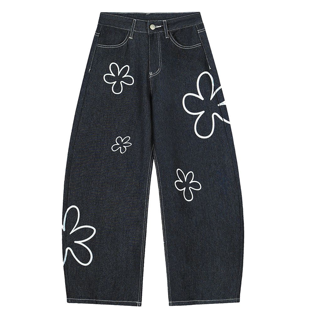Cartoon Flower Print Scimitar Jeans For Men Loose American Style Wide Leg Pants High Street Floor-Length Trousers_mkmklike.com