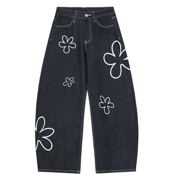 Cartoon Flower Print Scimitar Jeans For Men Loose American Style Wide Leg Pants High Street Floor-Length Trousers_mkmklike.com